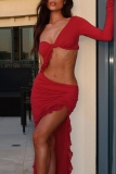 Red One Shoulder Single Sleeve Backless Ruffle Trim Slit Cut Out Formal Evening Party Prom Maxi Dresses