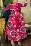 Teal Graphcis Print O Neck 3/4 Sleeve Belted Waist Casual Outing Plus Size Straight Loose Maxi Dresses