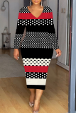 White Green Chain Geometric Print V Neck Long Sleeve Casual Street Fall Outings Bodycon Pencil Midi Dress