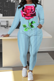 Blue Graffiti Print O Neck Long Sleeve Sweatshirt And Drawstring Sweatpants Casual Sportwear Two Pieces Sweatsuit Sets