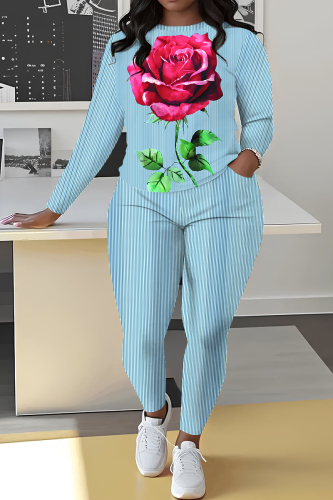 Blue Graffiti Print O Neck Long Sleeve Sweatshirt And Drawstring Sweatpants Casual Sportwear Two Pieces Sweatsuit Sets