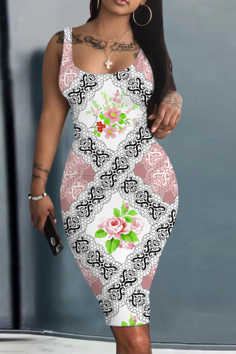 White Graphics Print U Neck Sleeveless Vacation Bodycon Midi Tank Dress