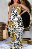 White Pink Leopard Floral Print V Neck Sleeveless Backless Floor Length Casual Outing Straight Loose Floral Maxi Slip Dress