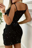 Black Sequin Evening Party Gown Sleeveless U Neck Pocket Bodycon Glitter Prom Mini Dress
