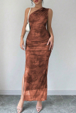 Light Brown Floral Print Sleeveless Backless Oblique Collar Slit Formal Evening Party Prom Bodycon Maxi Dresses