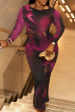 Purple Floral Print O Neck Long Sleeve Formal Evening Party Prom Bodycon Maxi Dresses