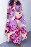 Light Purple Graphcis Print O Neck 3/4 Sleeve Belted Waist Casual Outing Plus Size Straight Loose Maxi Dresses