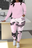 Pink Camouflage Print O Neck Long Sleeve Sweatshirt And Skinny Pants Sportwear Casual Two Pieces Tracksuit Sweatpants Set