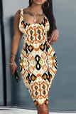 White Graphics Print U Neck Sleeveless Vacation Bodycon Midi Tank Dress