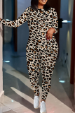 brown Leopard Print O Neck Long Sleeve Sweatshirt And Skinny Pants Sportwear Casual Two Pieces Tracksuit Sweatpants Set