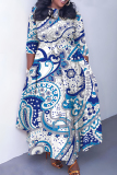 Teal Graphcis Print O Neck 3/4 Sleeve Belted Waist Casual Outing Plus Size Straight Loose Maxi Dresses