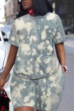 Denim Blue Faux Denim Print O Neck Short Sleeve Oversize T Shirt And Shorts Set Casual Sportwear Plus Size Two Piece Matching Set