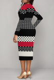 White Green Chain Geometric Print V Neck Long Sleeve Casual Street Fall Outings Bodycon Pencil Midi Dress