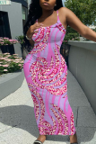 Blue Graphics Print Sleeveless Backless Summer Outings Vacation Bodycon Maxi Slip Dress