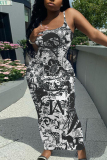 Blue Graphics Print Sleeveless Backless Summer Outings Vacation Bodycon Maxi Slip Dress