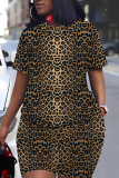 Brown Leopard Print O Neck Short Sleeve Oversize T Shirt And Shorts Set Casual Sportwear Plus Size Two Piece Matching Set