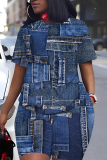Denim Blue Faux Denim Print O Neck Short Sleeve Oversize T Shirt And Shorts Set Casual Sportwear Plus Size Two Piece Matching Set