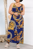 Navy Blue Butterfly Chain Leopard Print Pocket V Neck Casual Loose Vacation Wide Leg Jumpsuits