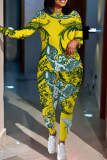 Yellow Graphics Print O Neck Long Sleeve Sweatshirt And Skinny Pants Sportwear Casual Two Pieces Tracksuit Sweatpants Set