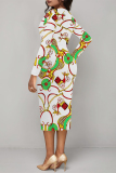 White Green Chain Geometric Print V Neck Long Sleeve Casual Street Fall Outings Bodycon Pencil Midi Dress