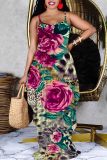 White Pink Leopard Floral Print V Neck Sleeveless Backless Floor Length Casual Outing Straight Loose Floral Maxi Slip Dress