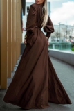 Brown Deep V Neck Long Sleeve With Belt Formal Evening Party Prom Ruched Pleated Maxi Dresses