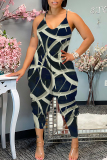 Navy Blue Vacation Loose Sexy Casual Graphics Print Backless Spaghetti Strap Cami Jumpsuits