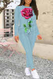 Blue Graffiti Print O Neck Long Sleeve Sweatshirt And Drawstring Sweatpants Casual Sportwear Two Pieces Sweatsuit Sets