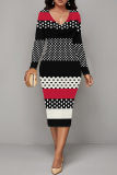 White Green Chain Geometric Print V Neck Long Sleeve Casual Street Fall Outings Bodycon Pencil Midi Dress