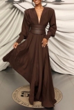 Brown Deep V Neck Long Sleeve With Belt Formal Evening Party Prom Ruched Pleated Maxi Dresses