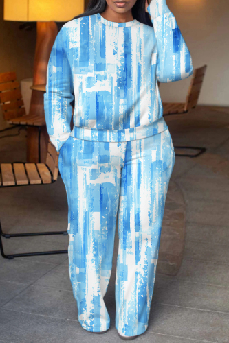 Light Blue Graphics Boho Print O Neck Long Sleeve Sweatshirt And Wide Leg Pants Casual Sportwear Two Pieces Jogger Sets