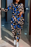 brown Leopard Print O Neck Long Sleeve Sweatshirt And Skinny Pants Sportwear Casual Two Pieces Tracksuit Sweatpants Set