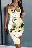 Pink Graphics Print U Neck Sleeveless Vacation Bodycon Midi Tank Dress