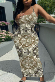 Blue Graphics Print Sleeveless Backless Summer Outings Vacation Bodycon Maxi Slip Dress