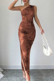 Light Brown Floral Print Sleeveless Backless Oblique Collar Slit Formal Evening Party Prom Bodycon Maxi Dresses