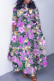 Teal Graphcis Print O Neck 3/4 Sleeve Belted Waist Casual Outing Plus Size Straight Loose Maxi Dresses