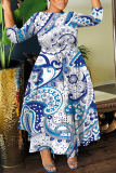 Teal Graphcis Print O Neck 3/4 Sleeve Belted Waist Casual Outing Plus Size Straight Loose Maxi Dresses