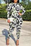 Red Leopard Print O Neck Long Sleeve T-shirt And Skinny Pants Casual Outing Two Pieces Jogger Sets