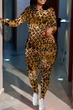 brown Leopard Print O Neck Long Sleeve Sweatshirt And Skinny Pants Sportwear Casual Two Pieces Tracksuit Sweatpants Set