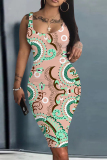 White Graphics Print U Neck Sleeveless Vacation Bodycon Midi Tank Dress