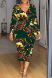 White Green Chain Geometric Print V Neck Long Sleeve Casual Street Fall Outings Bodycon Pencil Midi Dress