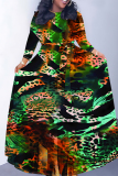 Brown Animal Geometric Print Deep O Neck 3/4 Sleeve Strap Design Belted Floor Length Plus Size Vacation Loose A Line Maxi Dress