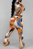 Green Purple Casual Sportwear Graphics Print O Neck Long Sleeve Crop Tops And Sweatpants Two Pieces Jogger Sets
