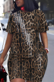 Brown Leopard Print O Neck Short Sleeve Oversize T Shirt And Shorts Set Casual Sportwear Plus Size Two Piece Matching Set
