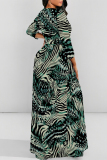 Brown Animal Geometric Print Deep O Neck 3/4 Sleeve Strap Design Belted Floor Length Plus Size Vacation Loose A Line Maxi Dress