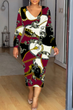 White Green Chain Geometric Print V Neck Long Sleeve Casual Street Fall Outings Bodycon Pencil Midi Dress