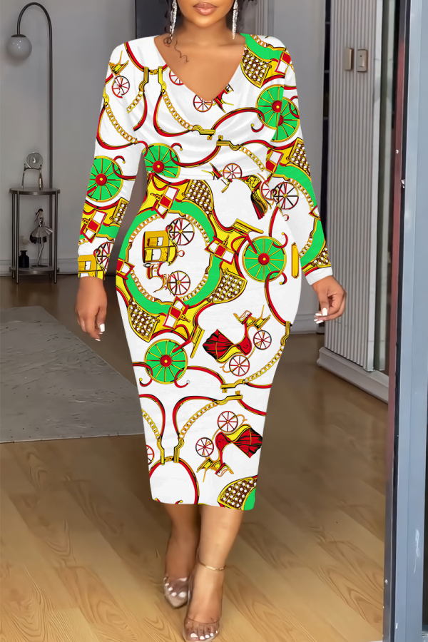 White Green Chain Geometric Print V Neck Long Sleeve Casual Street Fall Outings Bodycon Pencil Midi Dress