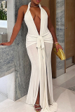 White Deep V Neck Sleeveless Backless Front Knotted High Slit Floor Length Formal Evening Party Prom Maxi Halter Dresses