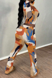 Green Purple Casual Sportwear Graphics Print O Neck Long Sleeve Crop Tops And Sweatpants Two Pieces Jogger Sets