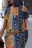 Denim Blue Faux Denim Print O Neck Short Sleeve Oversize T Shirt And Shorts Set Casual Sportwear Plus Size Two Piece Matching Set